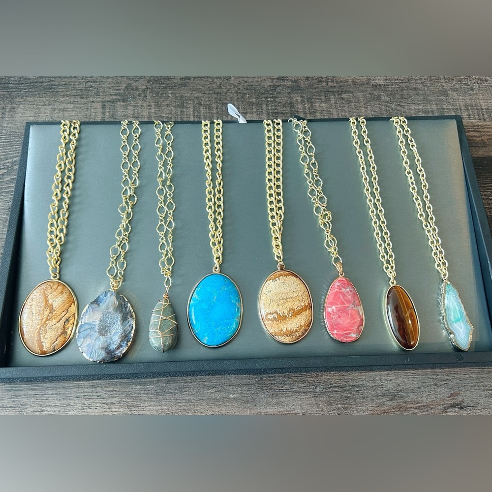 Lot of 8 Gold Chain Natural Stone Necklaces Tray included